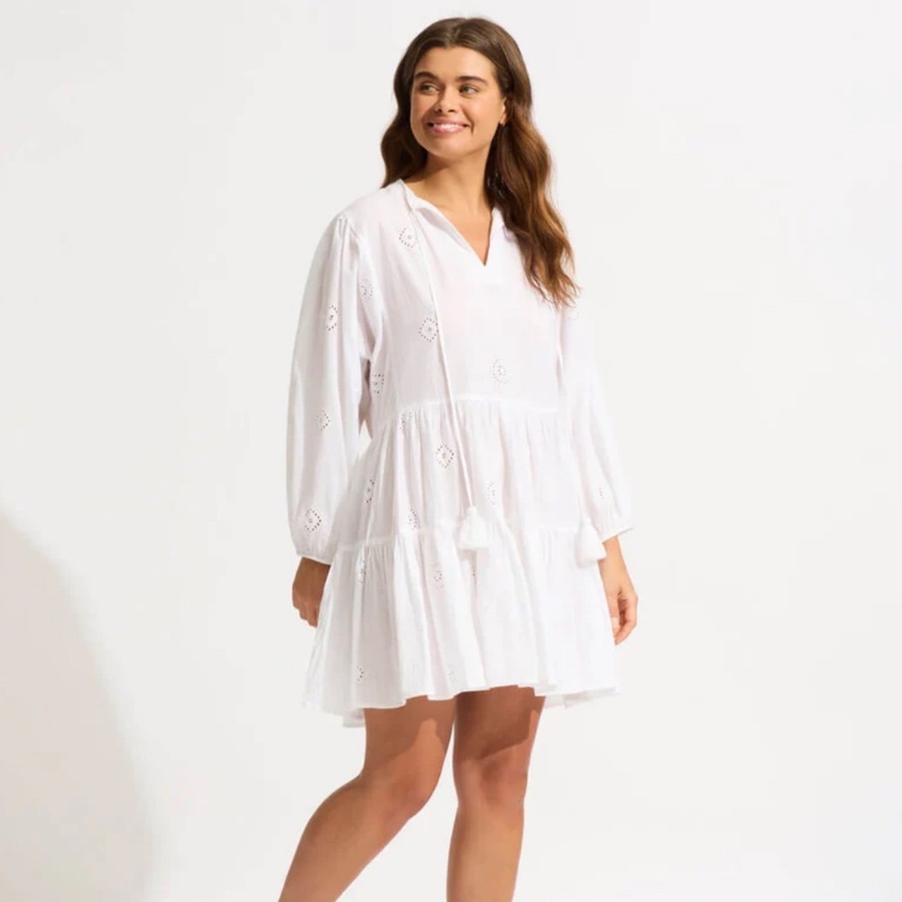 Seafolly Australia White Cotton Gauze Tiered Beach Cover Up Dress Womens Size M